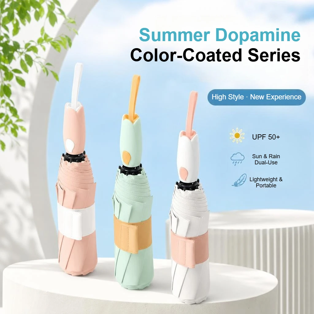 Tulip Handle Sun Umbrella UV Protection UPF50+ Umbrella Lightweight Folding Parasol for Girls Women Rain Travel Minimalist Fresh