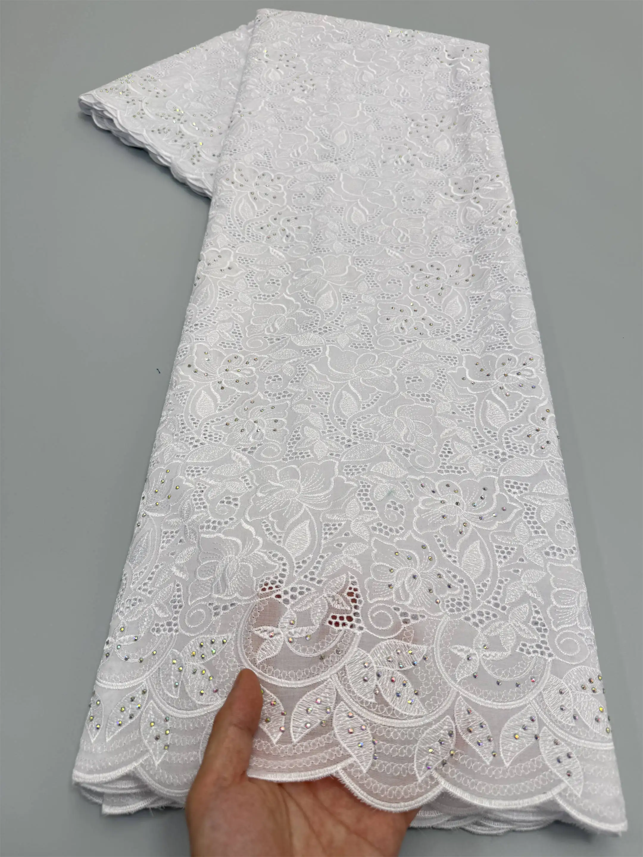 Soft Pure White Cotton 100% Holed Embroidery African Swiss Voile Lace Fabric Nigerian Garment Sewing Clothes Skin Healthy