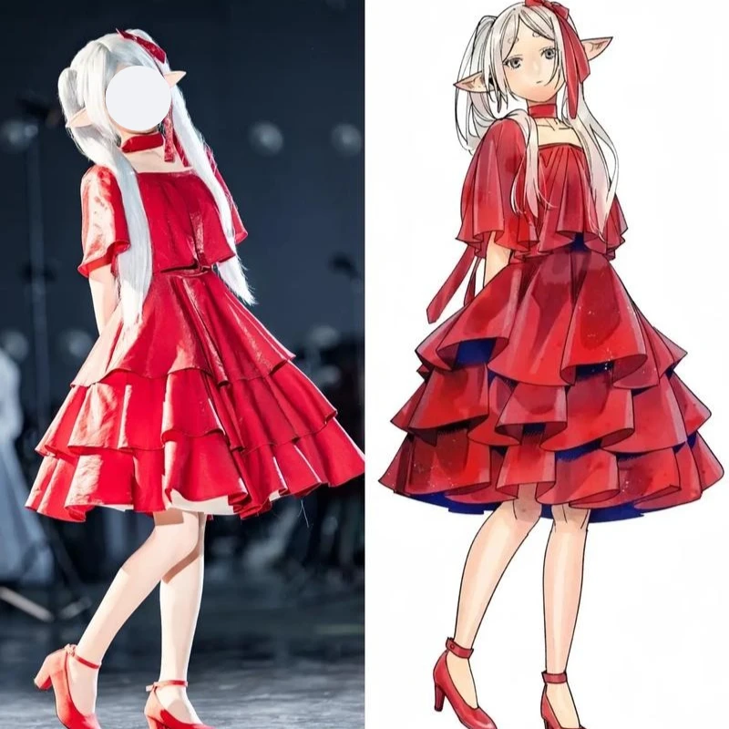 

Frieren Cosplay Costume Frieren: Beyond Journey's End Red Elegant Lolita Dress Scarf Headdress Wig Set for Halloween Comic Con