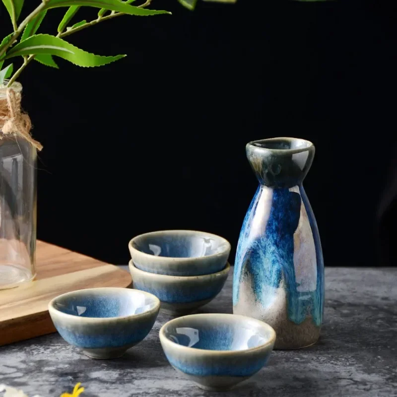 Japanese Vintage Sake Pot Kiln Change Blue Ceramic Wine Cup Home Shochu Wine Dispenser Sushi Restaurant Drinking Utensils Gifts