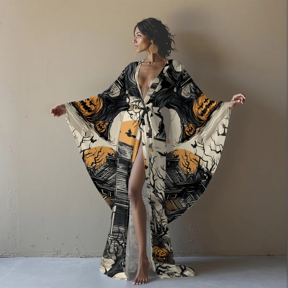 Halloween Cosplay Women's Sexy V-Neck Robe with Abstract Ghost Print - Long Sleeve Party Costume Unique Vampire Witch Long Robe