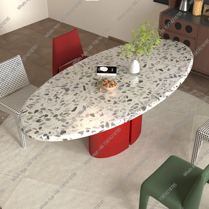 

French retro simple terrazzo dining table Italian minimalist light luxury high-end designer household oval dining table