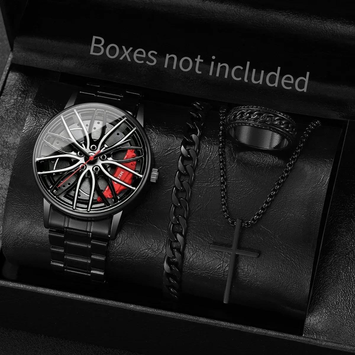 

4PCS/Set Fashion 3D Car Wheel Dial Men Sports Watch Luxury Steel Band Quartz Wristwatches Jewelry Set Reloj Hombre（Without Box）