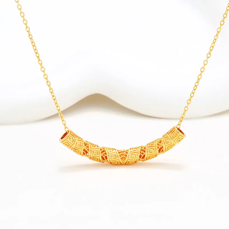 24K real gold ingot hollow pipe pendant Pendant women's necklace 999 pure gold fashion retro ethnic style jewelry