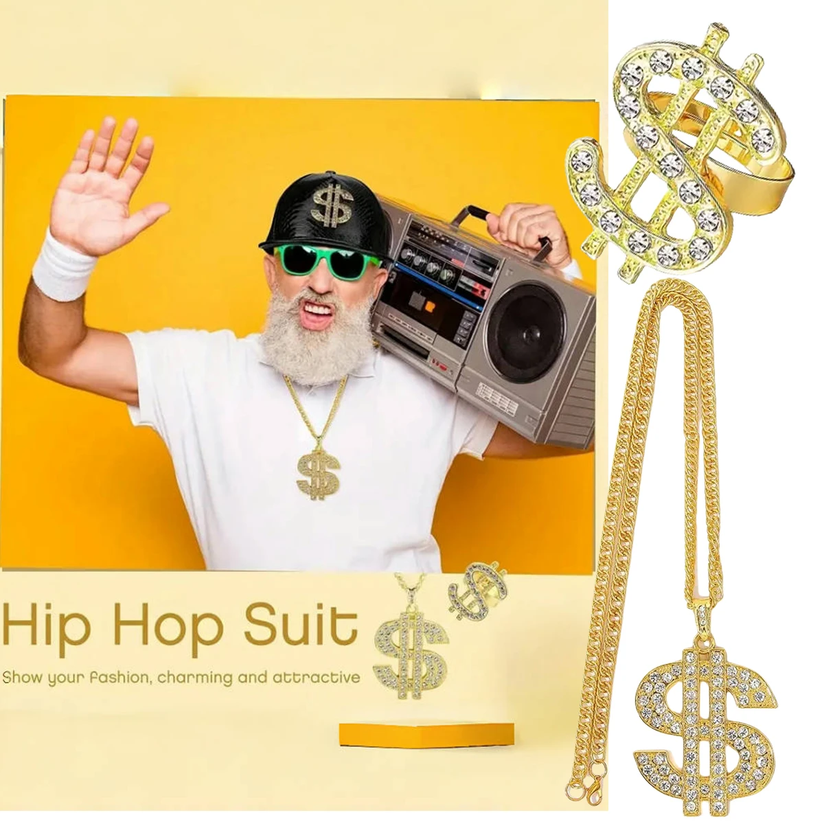 Hip Hop Costume Dollar Necklace Ring Cool Rock Costume Adjustable Dollar Sign Pendant Necklace Hip Hop Dollar Ring for Men Women