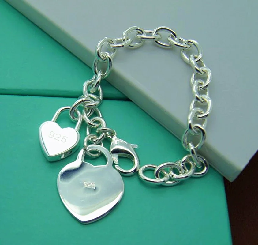 New Fashion 925 Sterling Silver Charming Heart Shaped Pendant Bracelet For Men  Women Wedding Engagement Glamour Jewelry Gifts