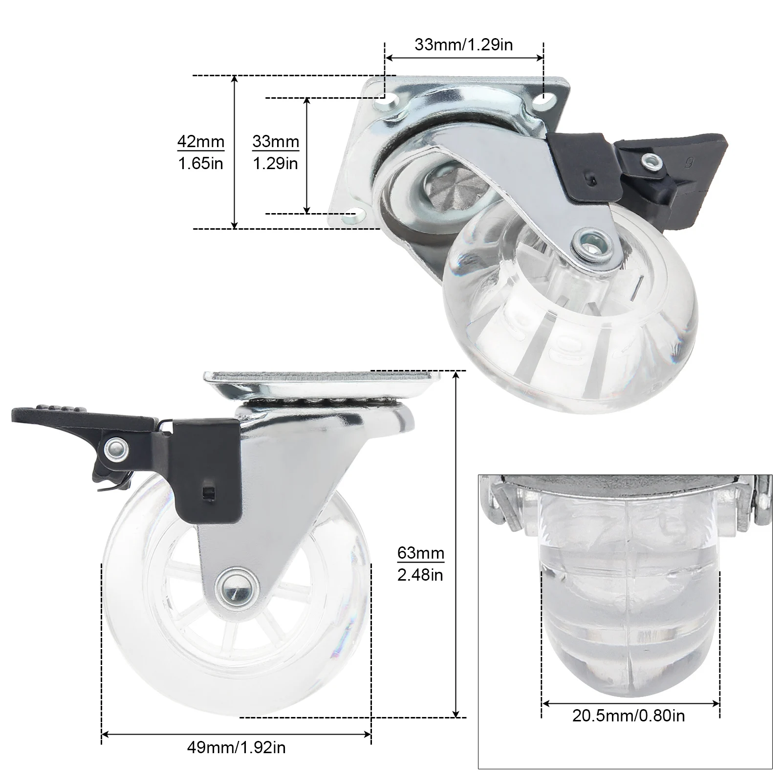 2 inch PU Crystal Transparent Brake Wheels for Carts / Dressers with Brake,Heavy Duty 35 kg Carrying Capacity Caster Wheels