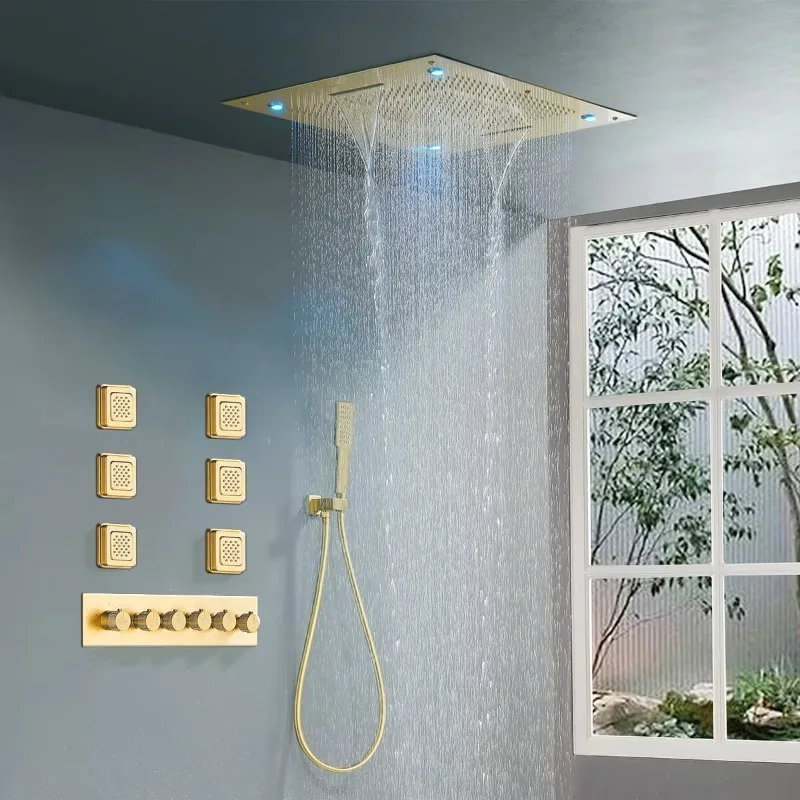 800 * 600mm 32 Inch Light Emitting Diode Rain Waterfall Fog Shower Head Hidden Ceiling Mount 5 Functions Shower System
