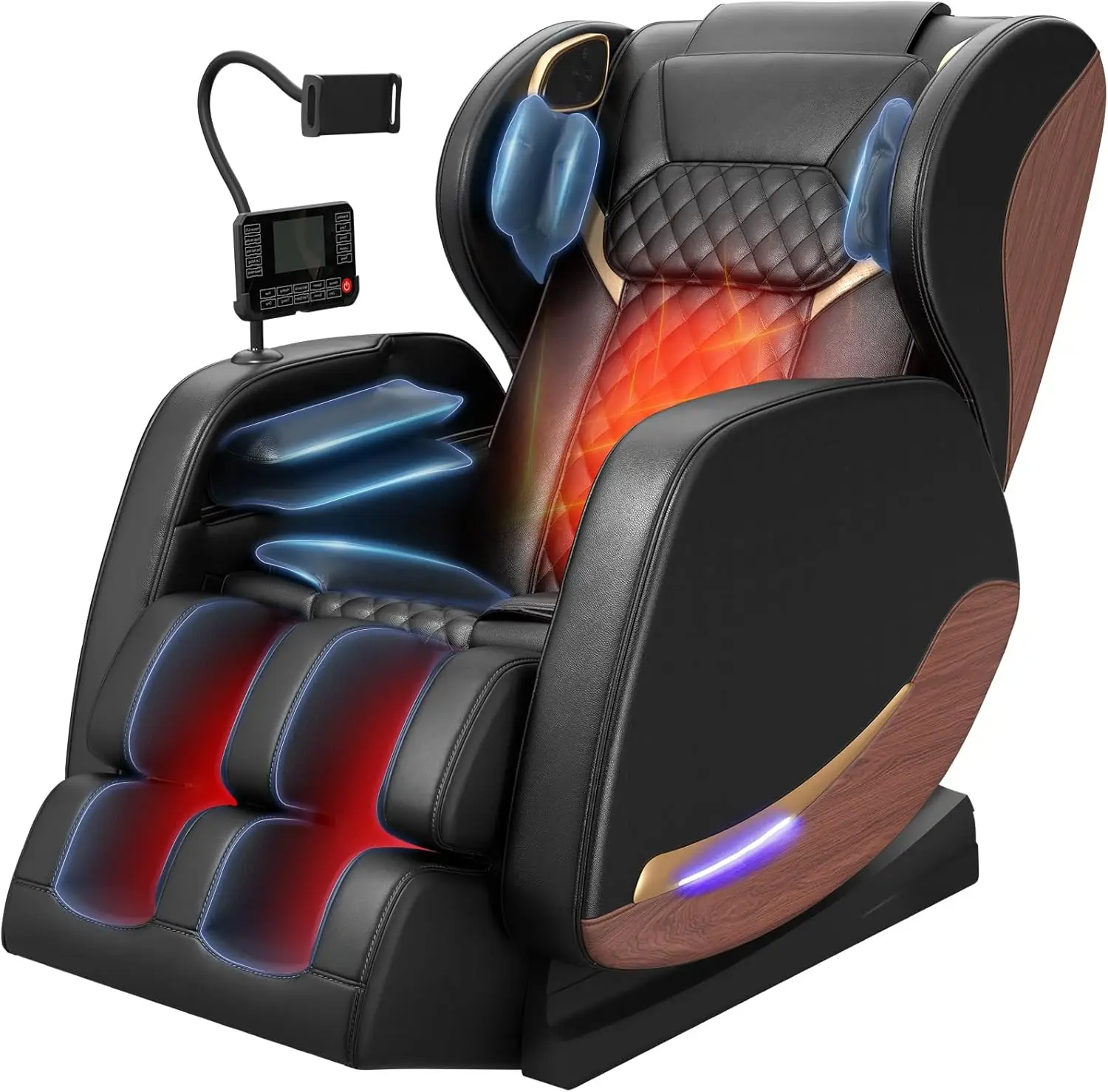 

Массажер для ног с функцией нулевой гравитации, кожаной отделкой под дерево, воздушными подушками, подогревом поясницы, Bluetooth и экраном управления (элегантный черный)