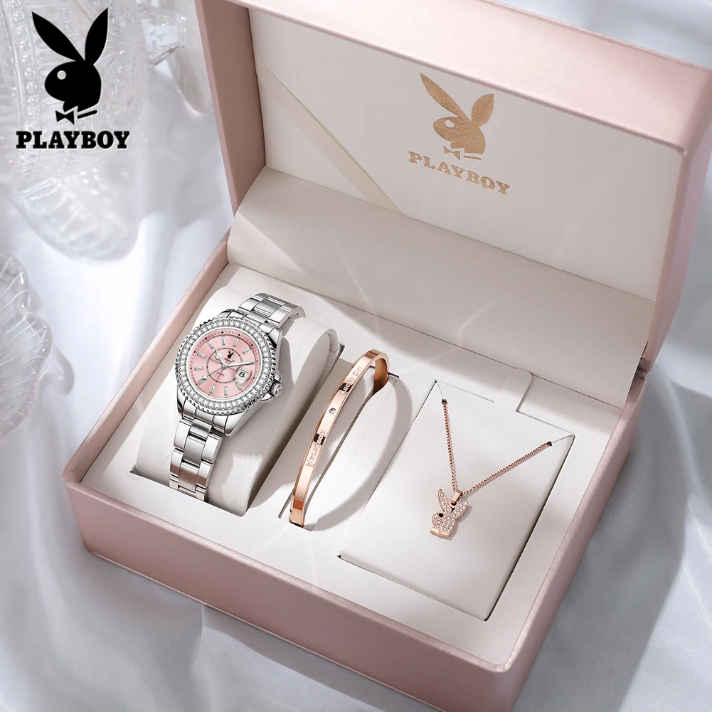 PLAYBOY 3528 Brand Original Authentic Watch for Woman Gift Box Calendar Stainless Steel Strap Quartz Women's Watch