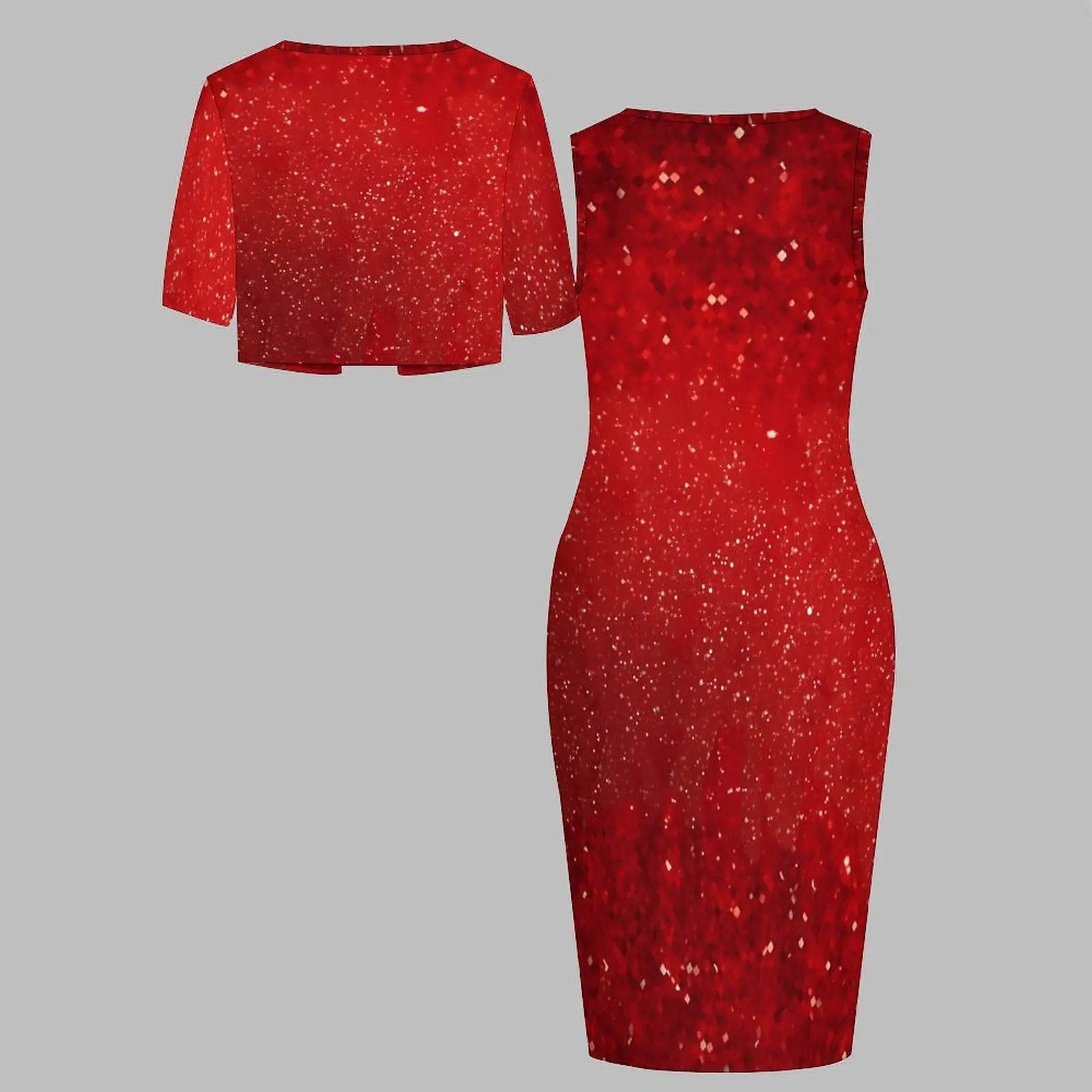 Plus Size 2pcs Women's Fashion Short-sleeved Coat Round-necked Tight Skirts Printed Design Two Piece Set Sleeveless Slim Skirt