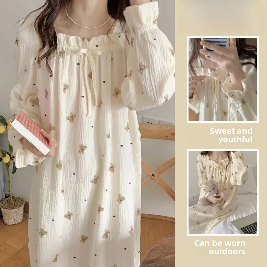 Princess Style Long Sleeve Sleep Dress with Chest Pad Square Collar Home Clothes for Women Spring Autumn Cute  Knot