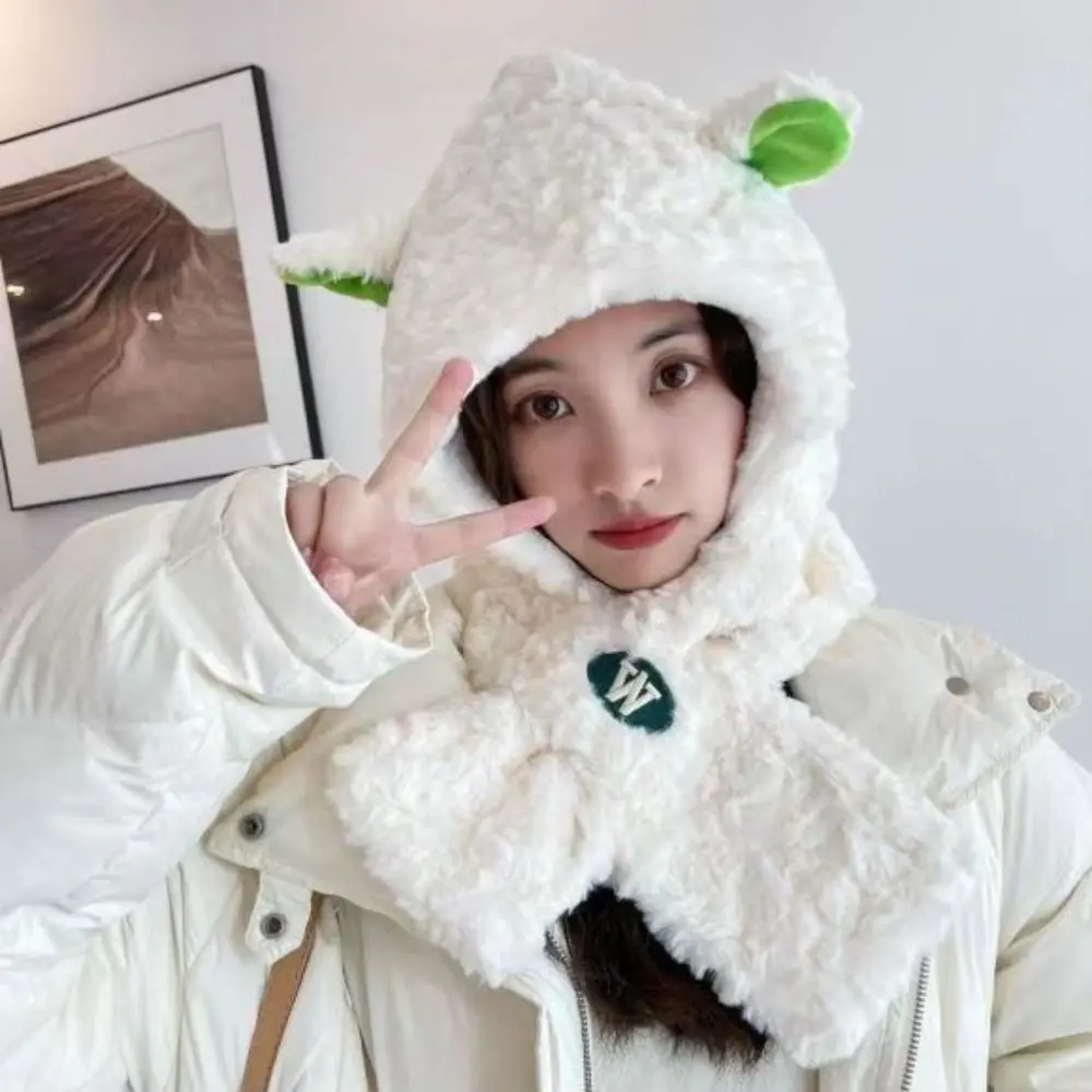 Sweet Solid Color Plush Lamb Hat Korean Style Cloth Accessories Cartoon Fleece Hat Muffler Cartoon Plush Hat with Scarf Girls