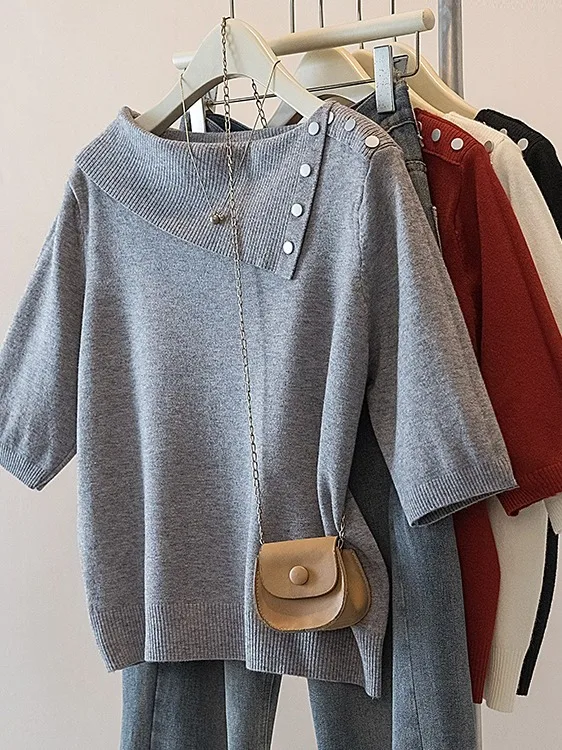 Korean Design Sense Button Short Sleeve Knitted Shirt Women's Autumn New Fashion Slimming Top Vintage Loose Fit Regular Sleeve