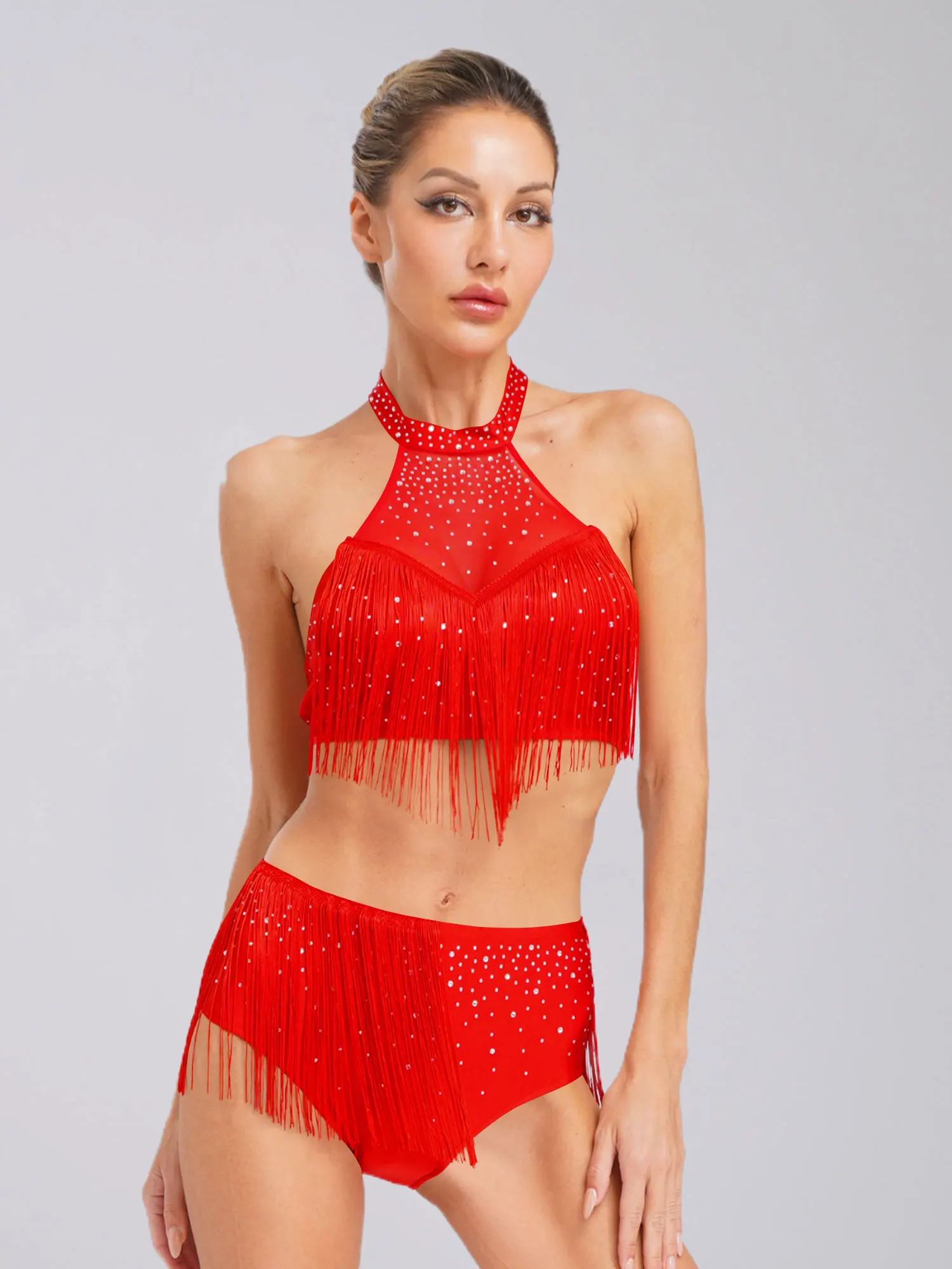 Femmes Cha Cha tenues frange Salsa Costume de danse latine haut court avec glands jupe scène Performance pratique vêtements 2 pièces