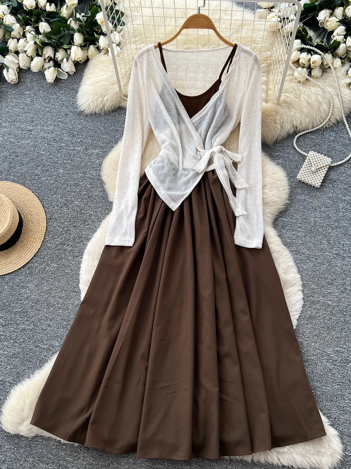Women's Thin Regular Sleeve Knitted Cardigan And Tube Top Two-Piece Set High Waist Belted Slim Fit Fashion Ensemble for Autumn