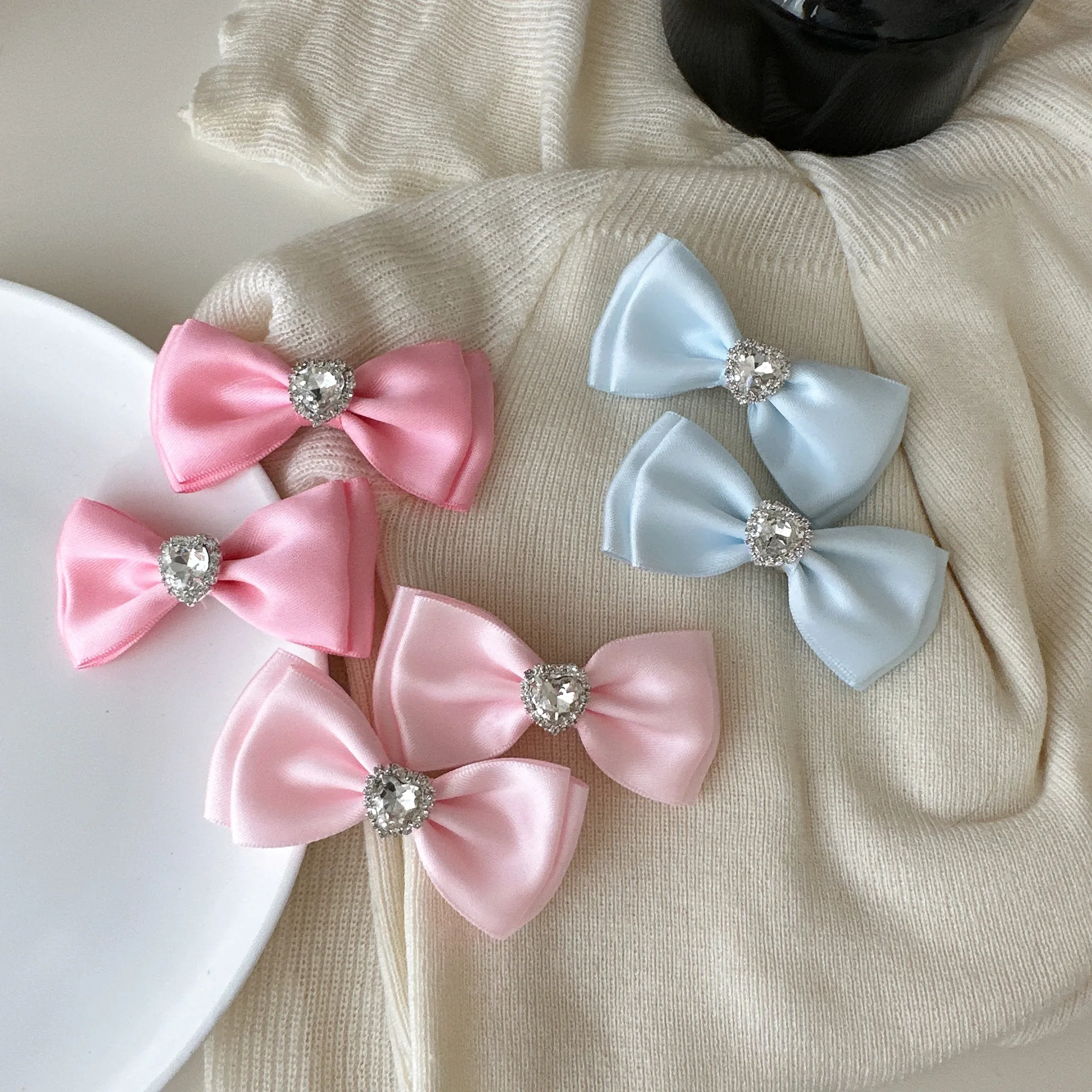 Satin Heart Rhinestone Bow Hair Clip Duck Bill for Bangs Side Fringe Cute Sweet Non Slip Strong Hold Lightweight Daily