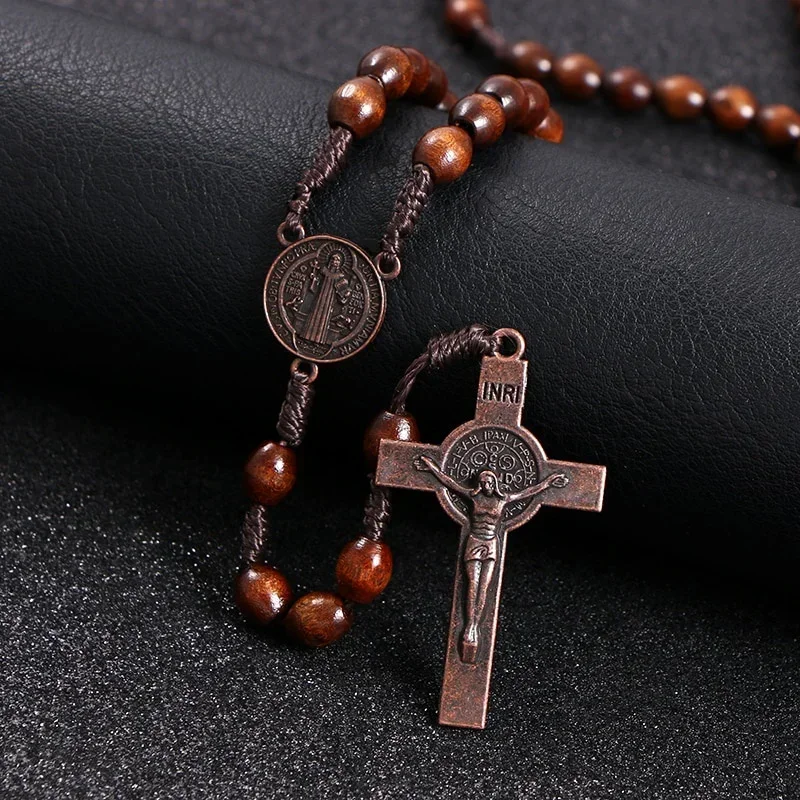 1Pc Christ Jesus Wooden Beads 8mm Rosary Bead Cross Car Pendant Woven Rope Chain Necklace Religious Orthodox Praying  Jewelry