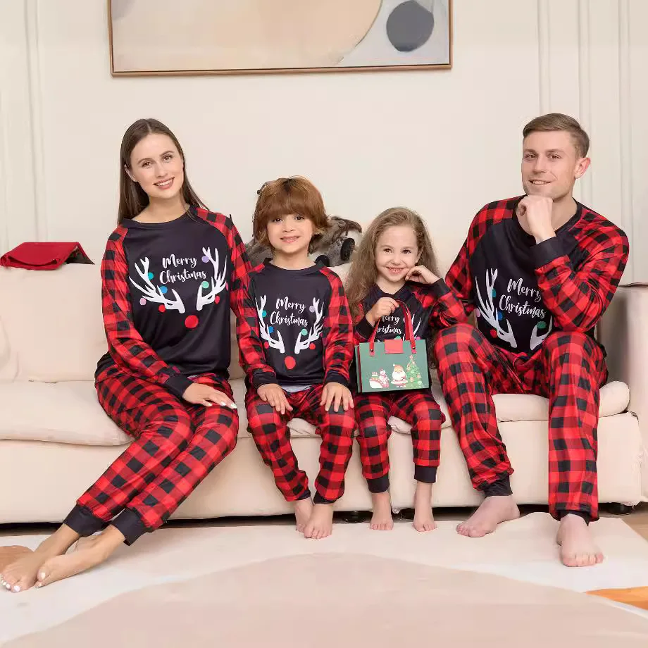 Europe and the United States new Christmas home wear to play parent-child clothing mother-daughter family  print plaid pajamas