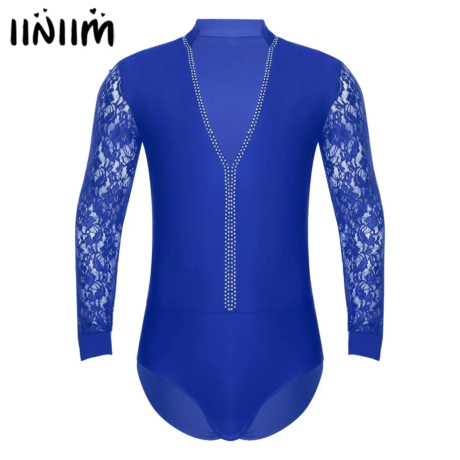 Mens Tango Latin Ballroom Dance Performance Bodysuit Floral Lace Long Sleeve Deep V-neck Sparkling Rhinestones Leotard Costume