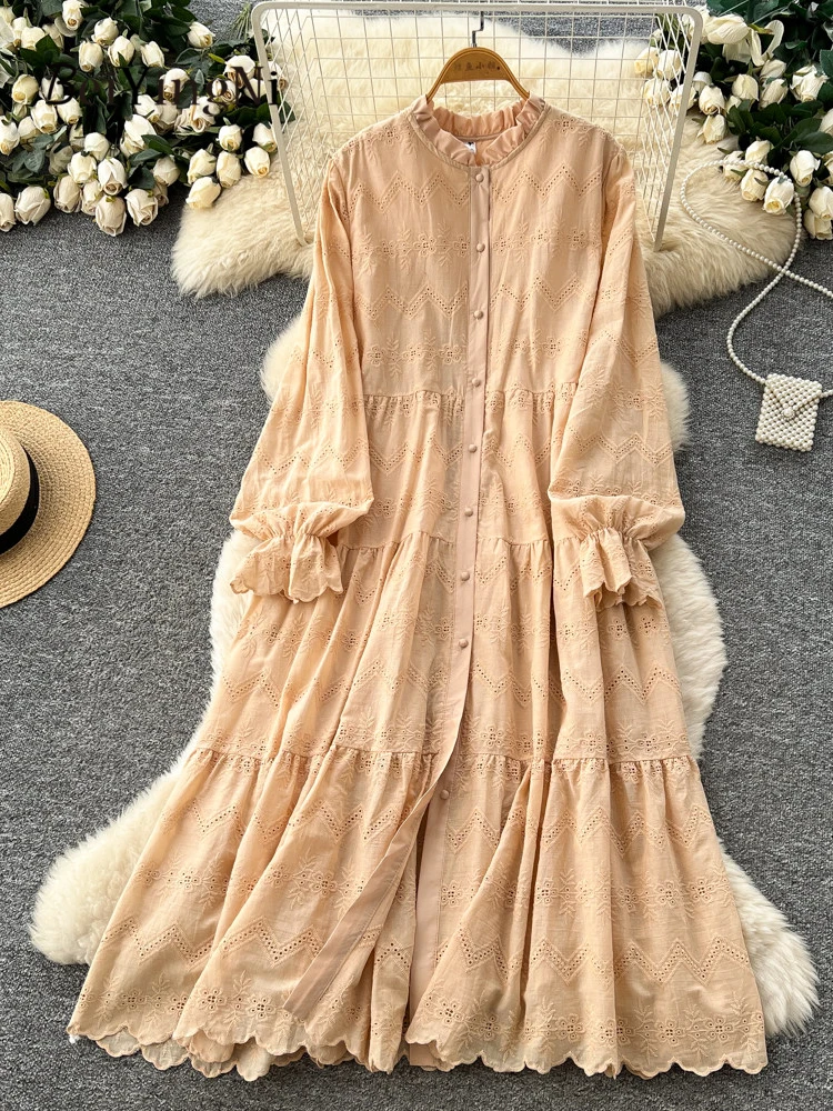 Beiyingni 2026 nouvelle mode dentelle épissé longue robe ample femmes Vintage à la mode décontracté simple boutonnage chemises Robes dames Robes