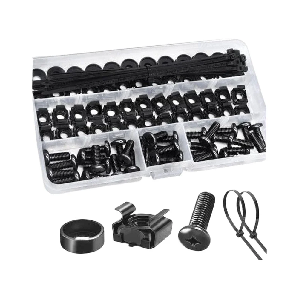 2026 M6 Rack Mount Hardware Kit 120Pcs Black Zinc Screws Nuts Washers Cable Ties For Server Cabinet Data Center Assembly