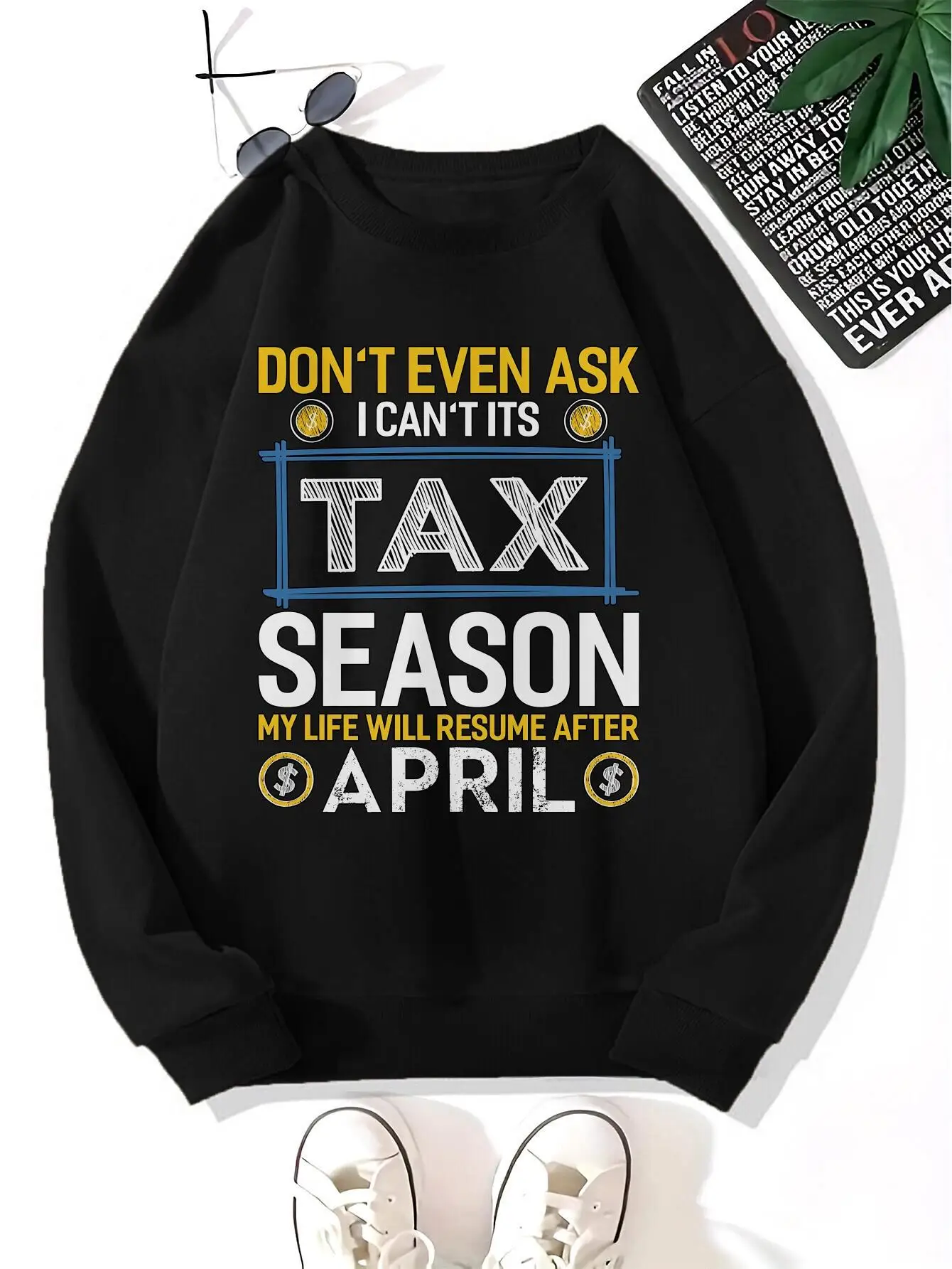 سترة رجالية مضحكة لموسم الضرائب بنمط مضحك مبطنة بالصوف - بلوفر كاجوال فضفاض برقبة دائرية وأكمام طويلة مع ضريبة