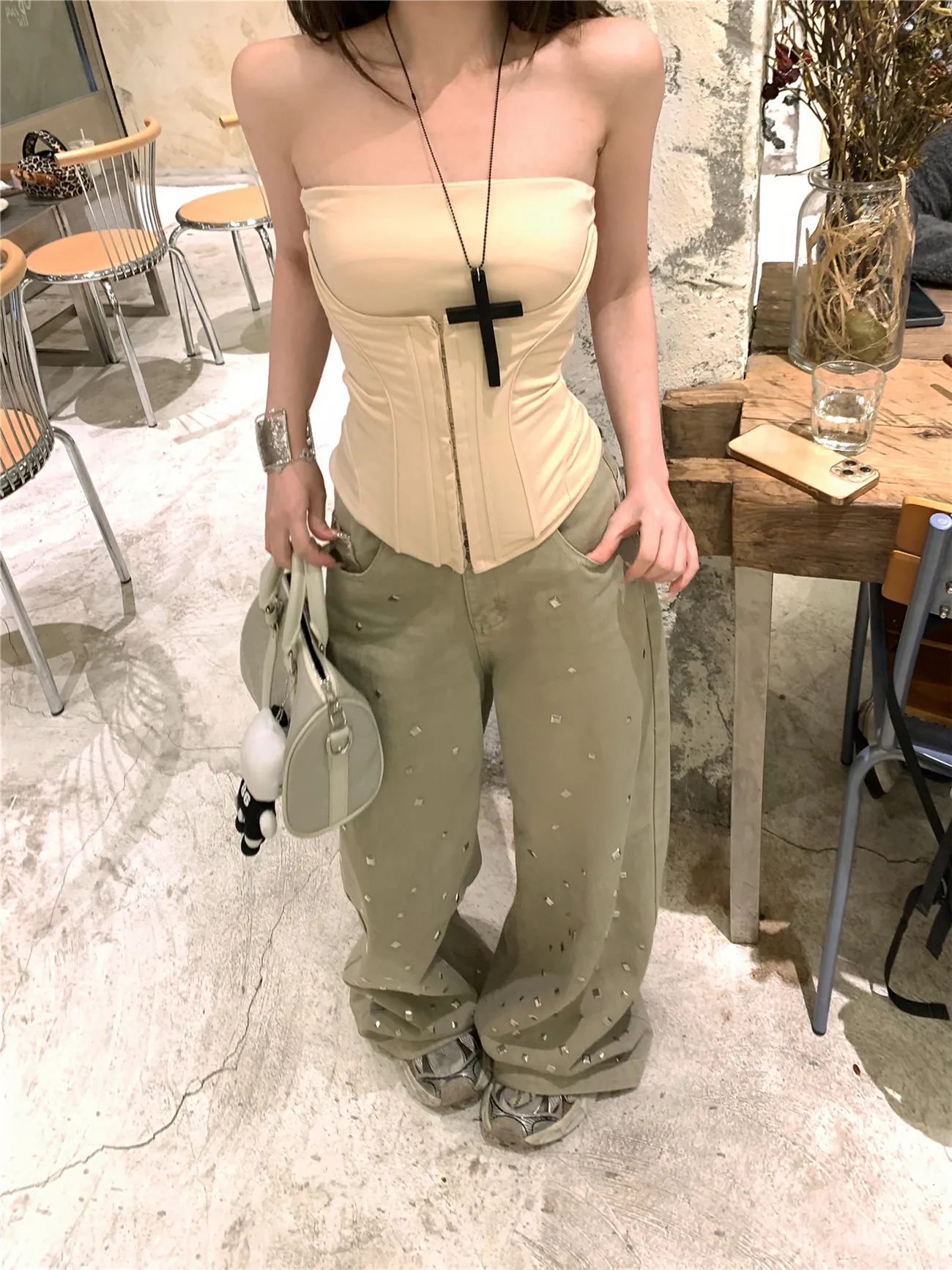 Women's Khaki Crop Top Off Shoulder Corset Top Y2k Gyaru Sleeveless Cropped Tank Top 2000s Vintage Fashion Clothes Summer 2026