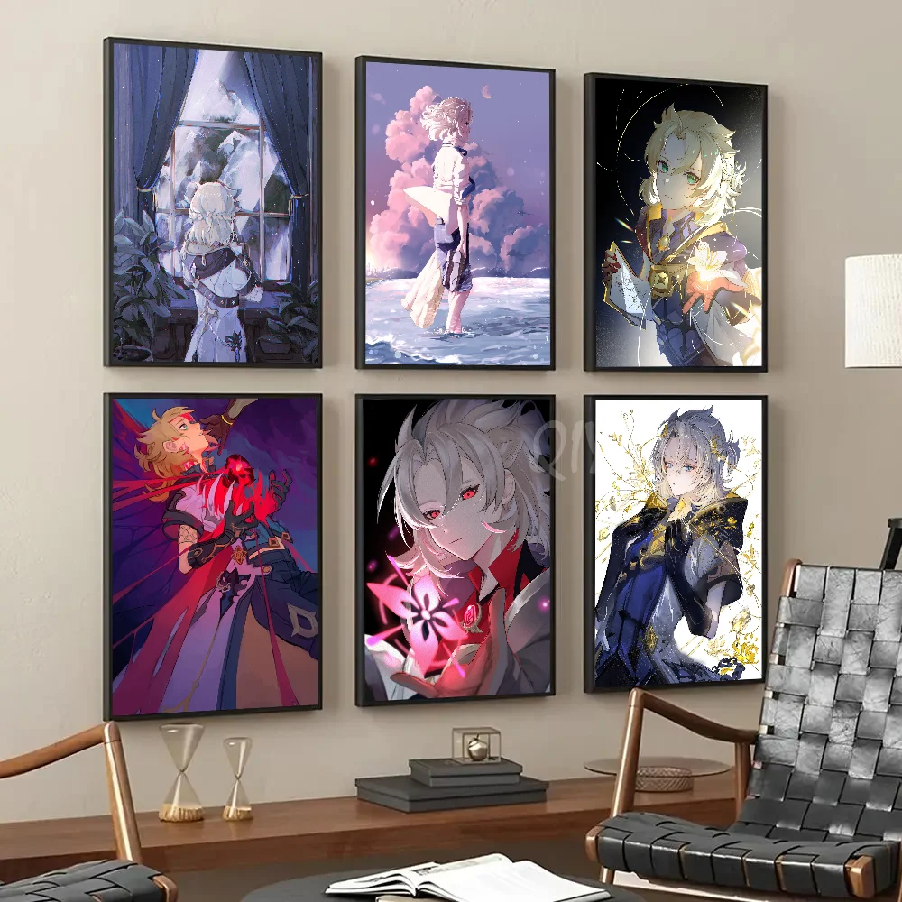 Game Genshin Impact Accounts Albedo Poster Self-adhesive Art Waterproof Paper Sticker Coffee House Bar Room Wall Decor