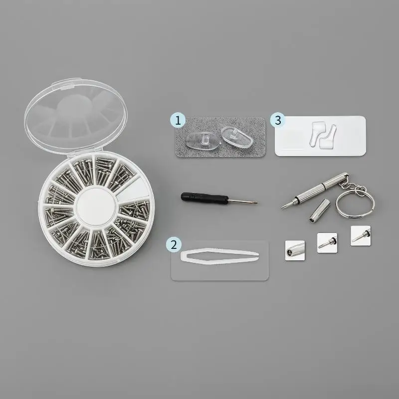 Compact Eyeglass Repair Kit 1 Piece Screwdriver with 2 Pairs Nose Pads 50 Screws for Spectacles Office or Travel Use