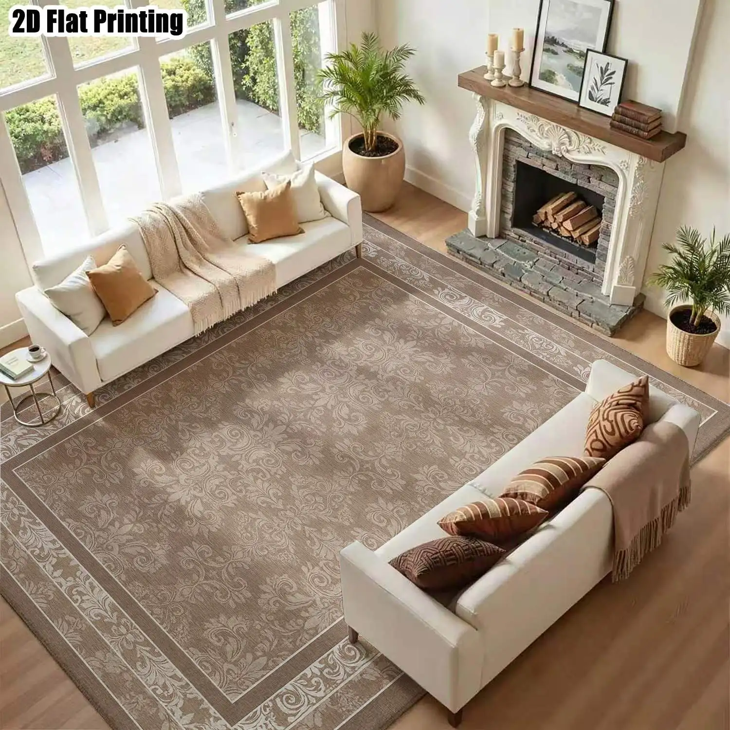 1Pc 2D Printed Carpet: Light Brown Floral, Vintage, Geometric European Style Machine Washable, Multi-Size, Suitable for Living Room, Bedroom, Dining Room, Entrance, Study as Home Decor.