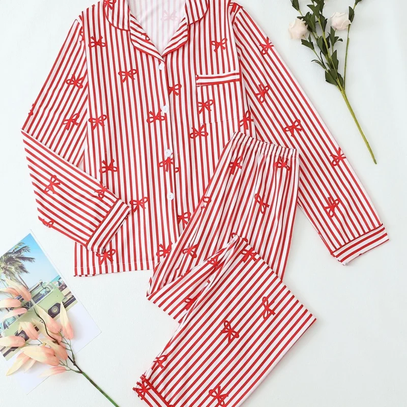 

SURI Women's Shirt with pants pajama sets Pink Striped Long Sleeve Pajamas Loungewear Pijama