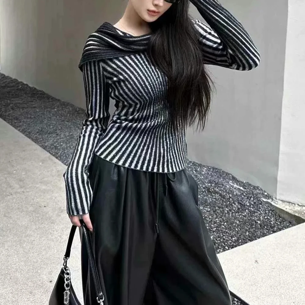 TWOTWINSTYLE Striped Slimming T Shirts For Women Hooded Long Sleeve Patchwork Lace Up Temperament T Shirt Female Fashion Clothes