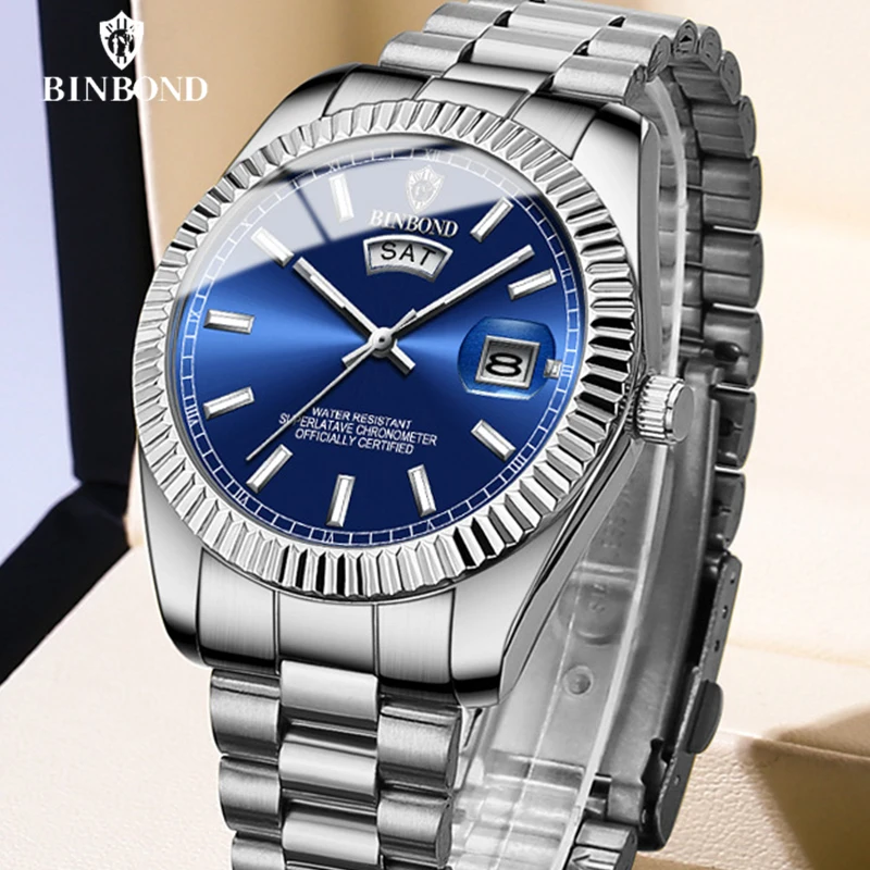 BINBOND B7012 Mens Fashion Business Sports Quartz Watch 30M Waterproof Luminous Classic Calendar Creative Clock Mens Wristwatch