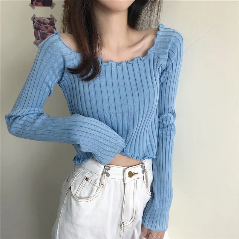 Fashion Solid Color Exposed Umbilicus Knitting Top Women New Long Sleeve Square Collar Flower Edge Temperament Pullover Sweaters