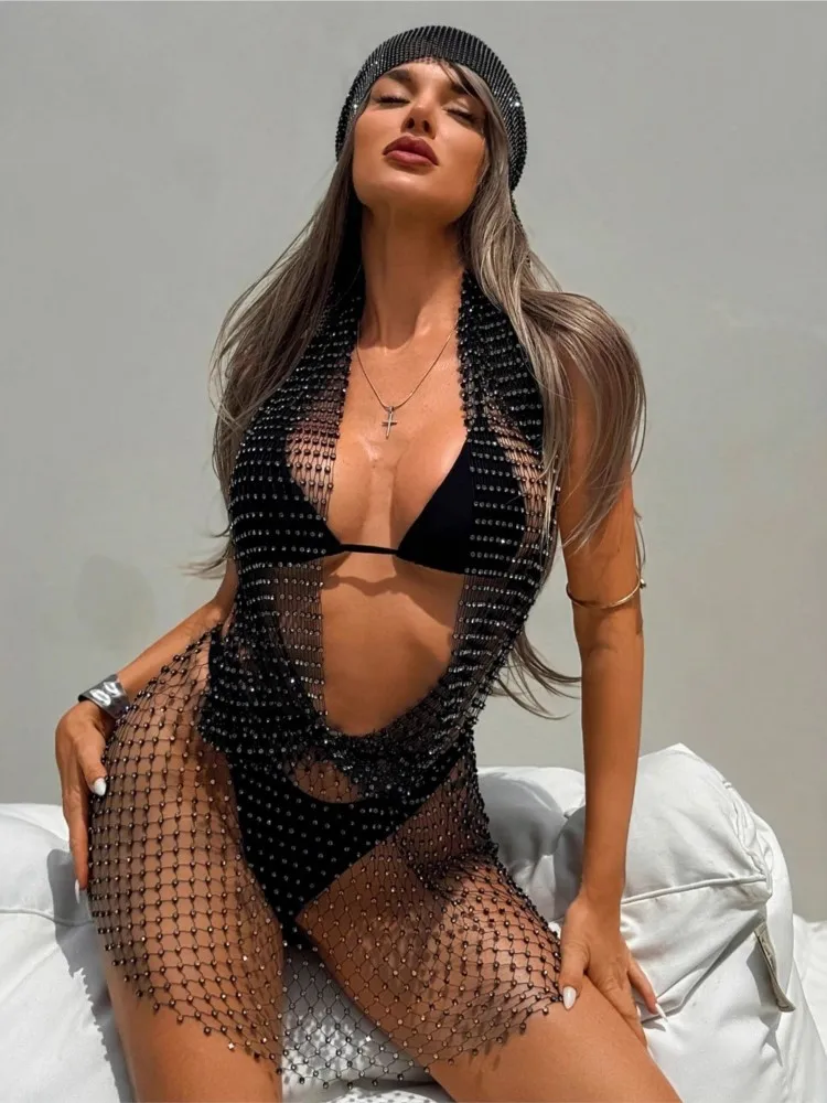 One Piece Sexy Boho V-Neck Cover-Up Cut Out Sleeveless Hollow Out Beach Mini Dress 2026 Summer Women Holiday Swimsuit Cover Up