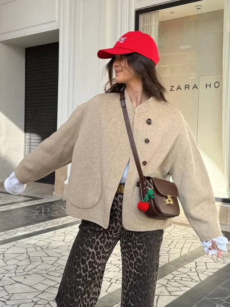 

Single Breasted Solid Woolen Coat Women Casual Full Sleeve Round Neck Pockets Short Overcoat 2026 Lady Spring Autumn Outwear New