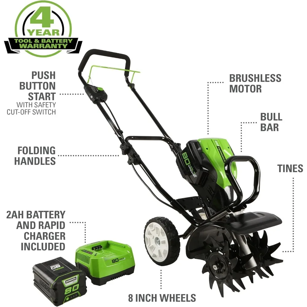 Pro 80V 10 inch Cultivator with 2Ah Battery and Charger, TL80L210, Black And Green