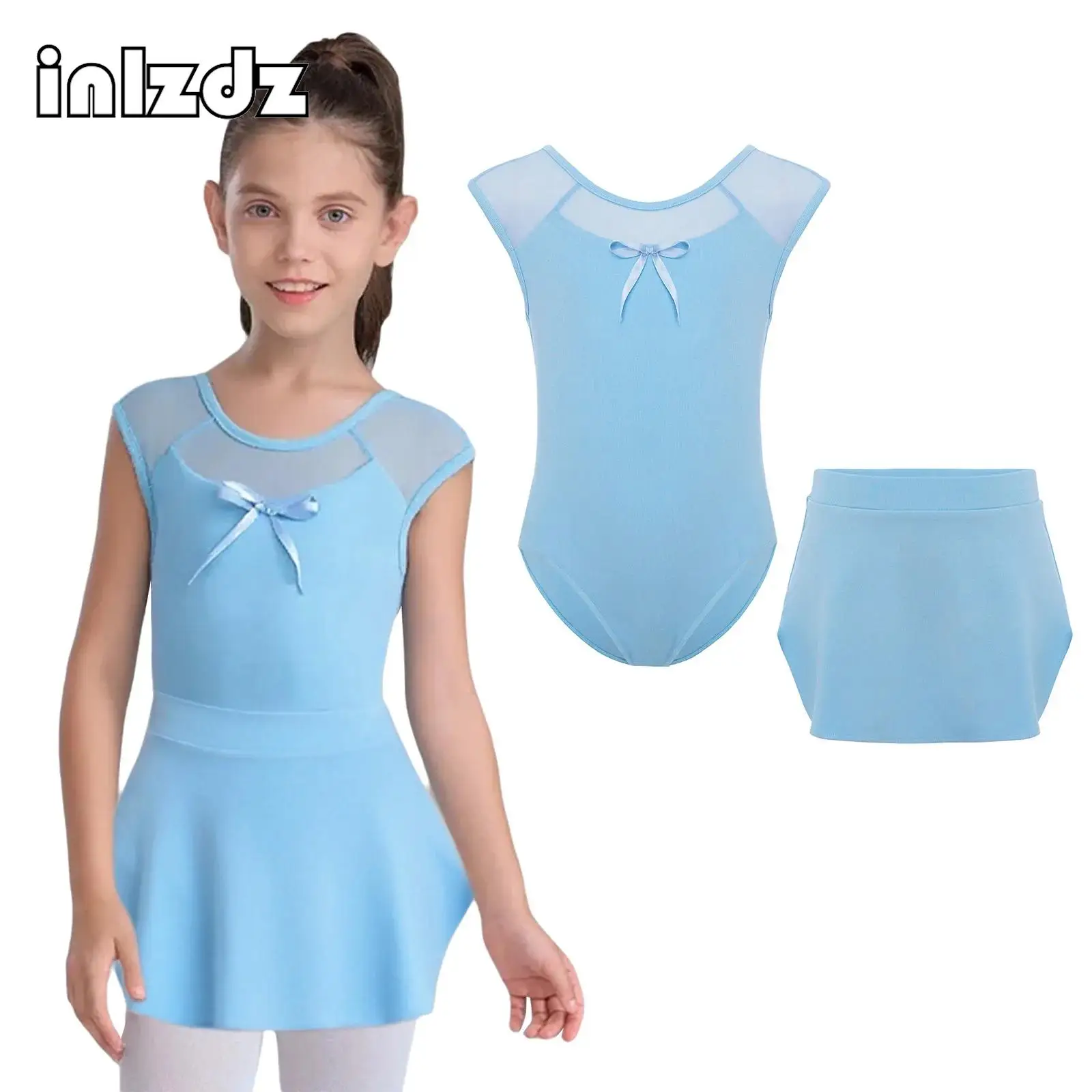 

Kids Girls Ballet Dance Sets Sleeveless Sheer Mesh Bow Gymnastics Leotard with Skirts for Figure Skating Performance Competition