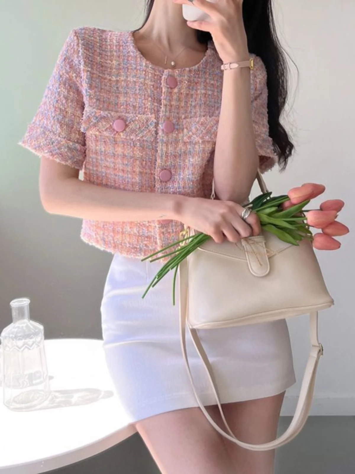 Ele ort Sve Jaet da donna Estate 2023 Design Sensation angFeng Sle round Ne Button up Capispalla