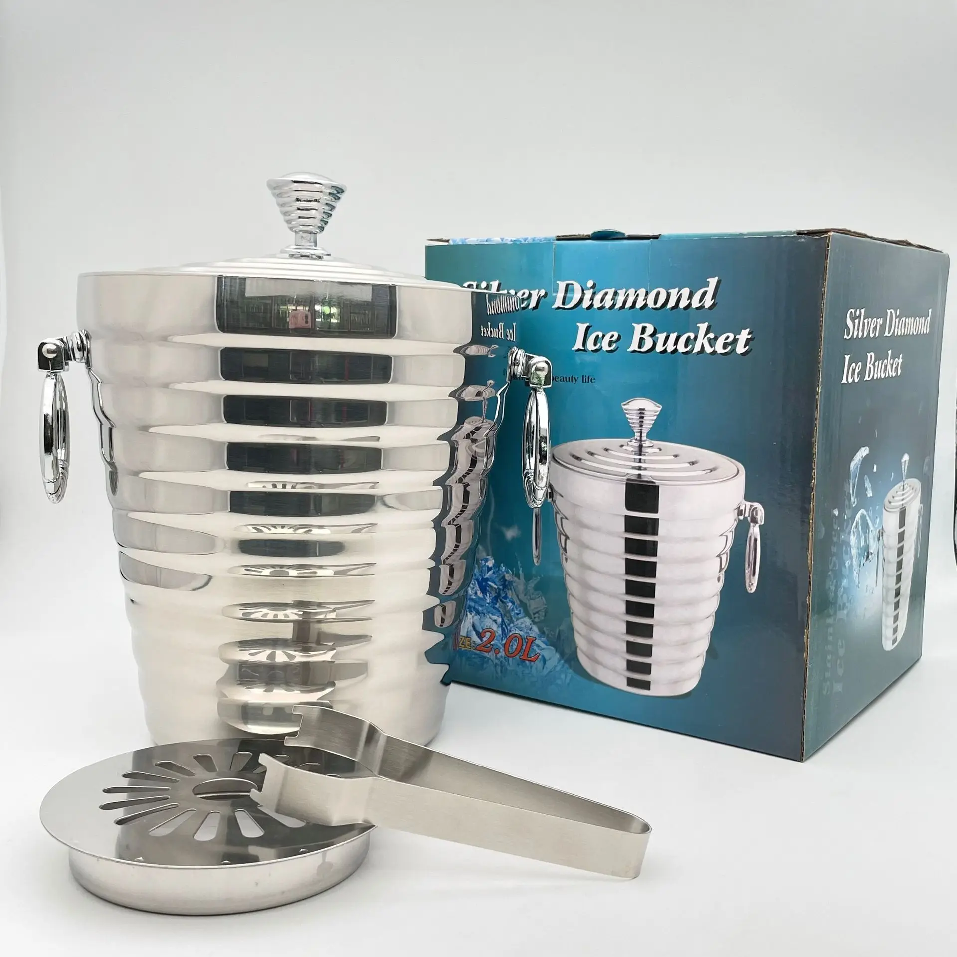 Stainless Steel Double Ice Bucket Ice Silver Diamond Threaded Granular Bucket with Lid Insulation Red Wine Bucket Hotel