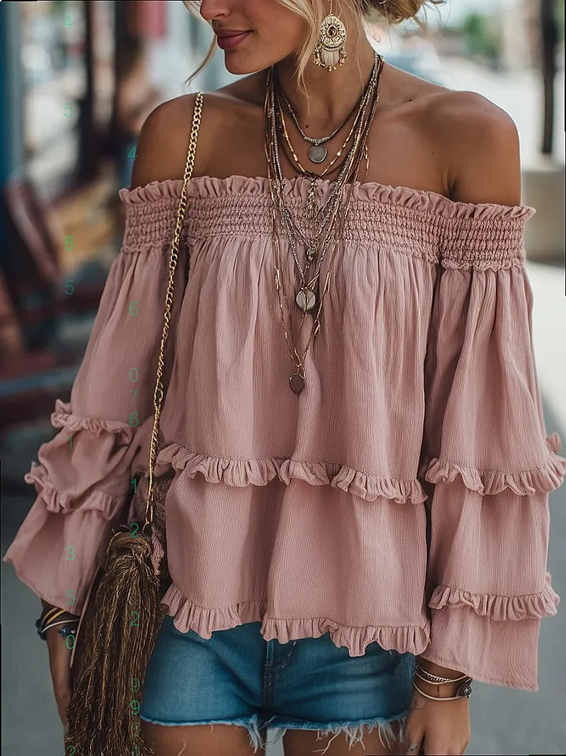 Women's Off Shoulder Flared Long Sleeve Tee Tops Blouse T Shirt