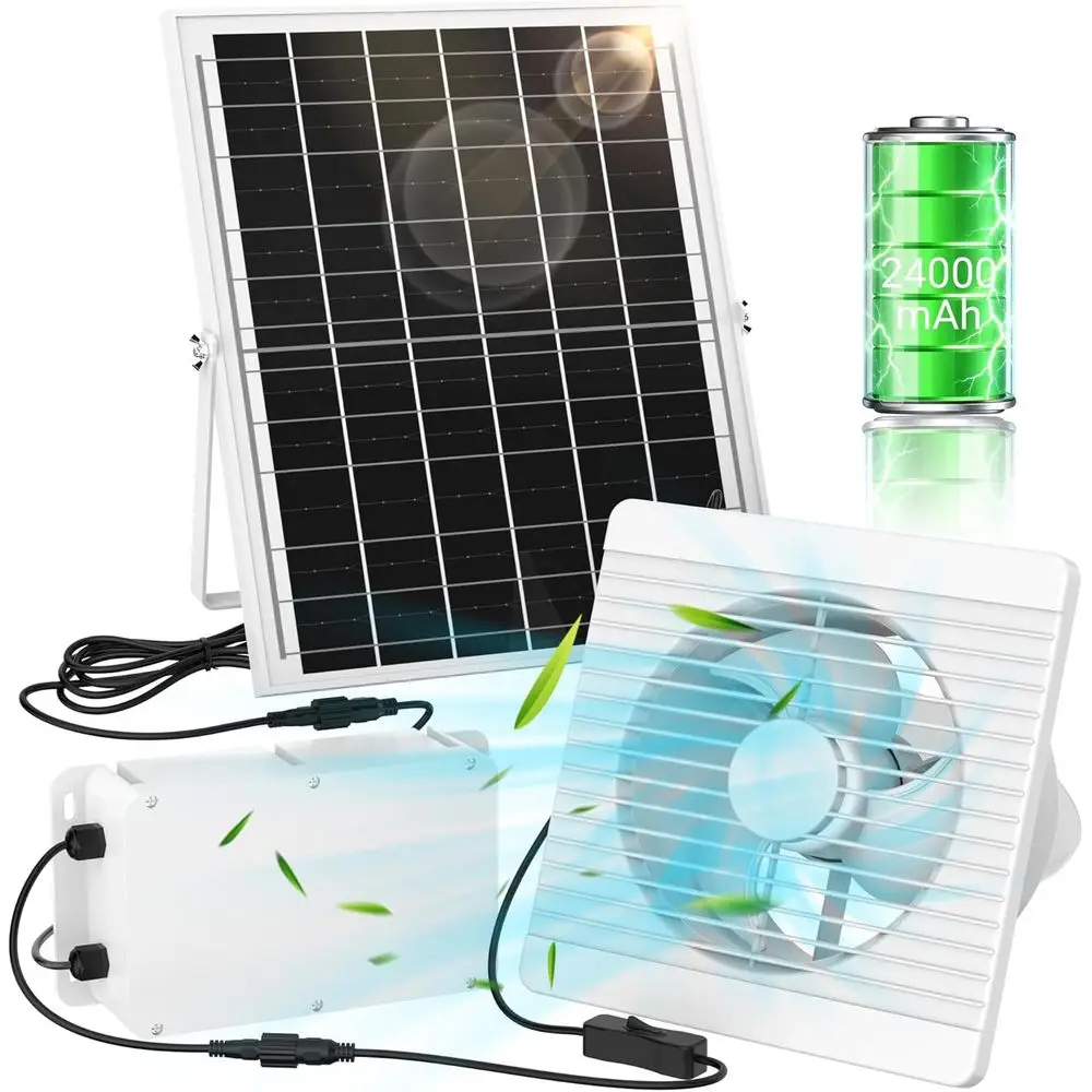 Solar Exhaust Fan with 24000mAh Battery, 25W 9.8" Solar Powered Fan for Day/Night Use, 3200 RPM High-Speed Low Noise Waterproof