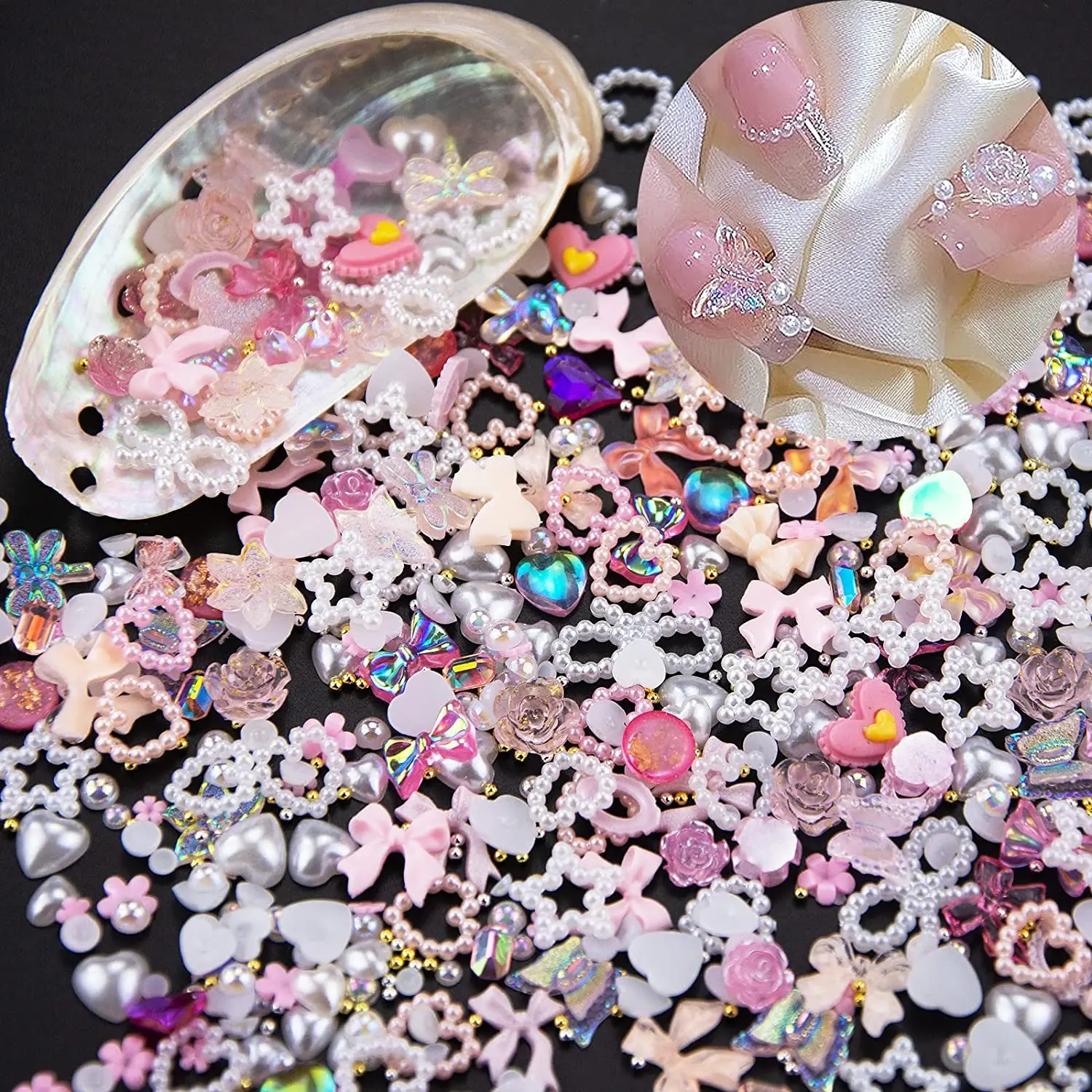 50g/bag Assorted Pearls 3D Nail Charms Pink Multi Shapes Heart Flower Bowknot Nail Charms Mix Heart Star Bows Round White Pearl