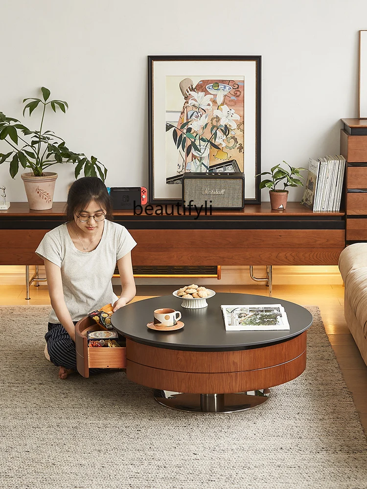 Vintage Coffee Table Nordic and Japanese Style Stone Plate round Tea Table Living Room Cherrywood Household round Small Table