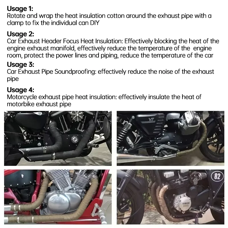 5M/10M Fiberglass Heat Shield Tape for Motorcycle Exhaust - High Temp Thermal Wrap with Stainless Steel Ties