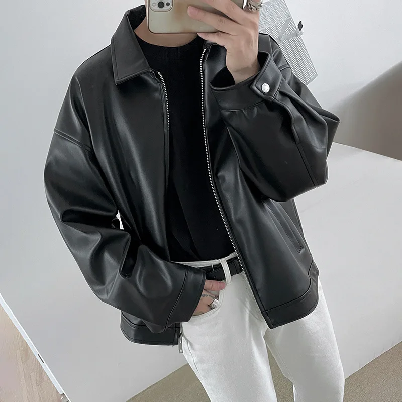 

Korean Style New Fashion Men's Black Solid Color Turn-down Collar Long Sleeve Zipper Faux Leather Jackets Male Clothes Coats Top