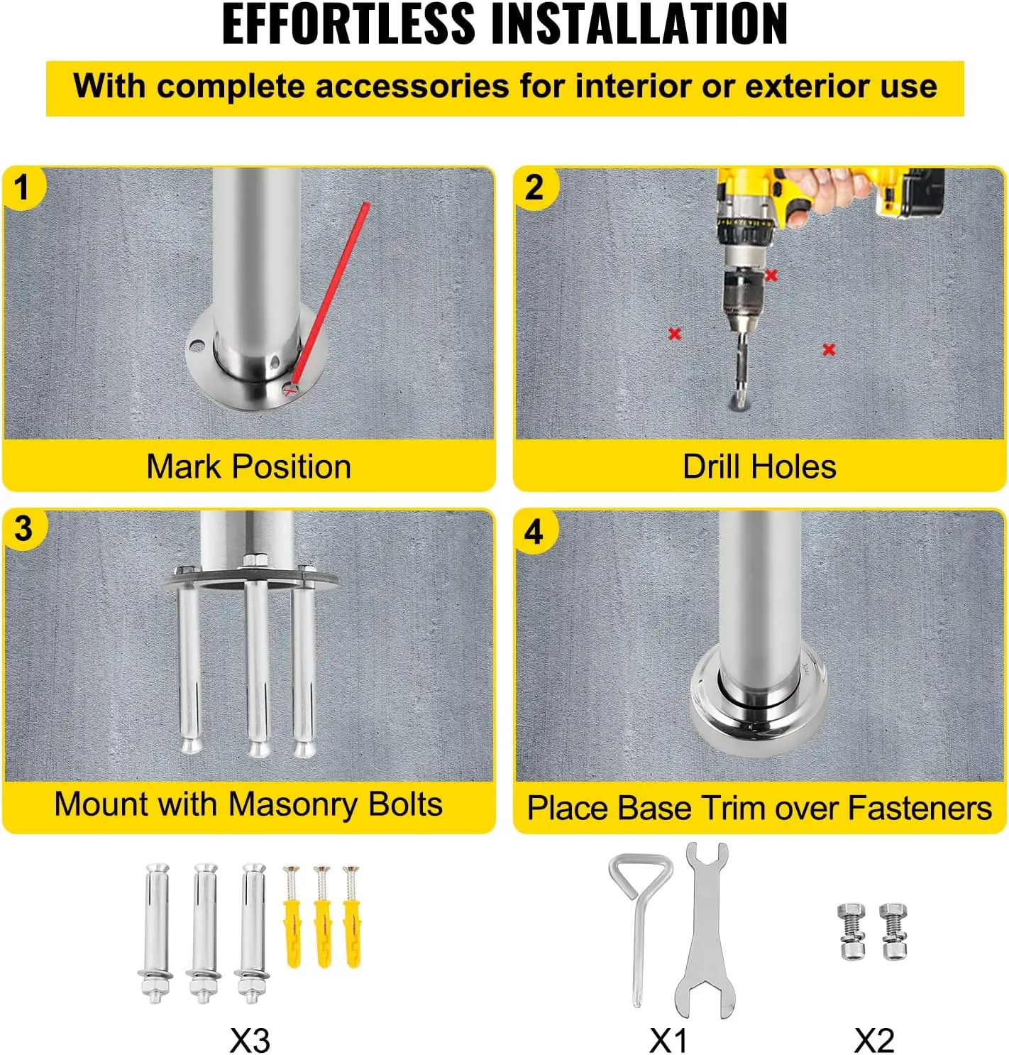 Step Handrail 304 Stainless Steel Stair Railing 3-4 Step for Indoor and Outdoor Adjustable Metal Hand Rails for Steps