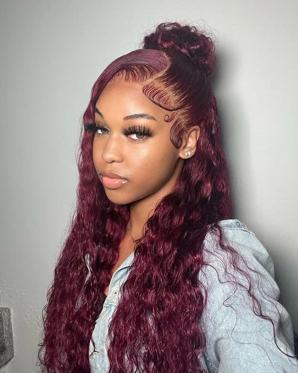 34 Inch 200% Density 99J Burgundy Wine Red 13x4 Lace Front Wigs With Natural Deep Wave, Transparent Lace And Baby Hair, Pre-Pluc image 4
