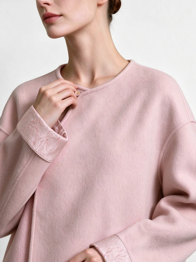 Amii 100% Wool Women's Coat 2026 Winter New Chinese Style Double-Faced Wool Women's Woolen Coat Jacquard Loose Tops 12644022